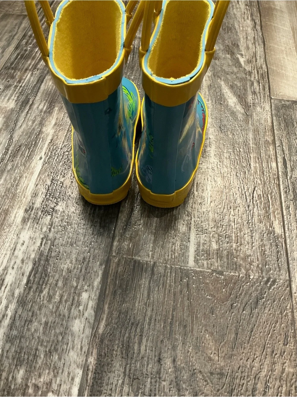Toddler Yellow-Trim Blue Dinosaur Rain Boots Size 6